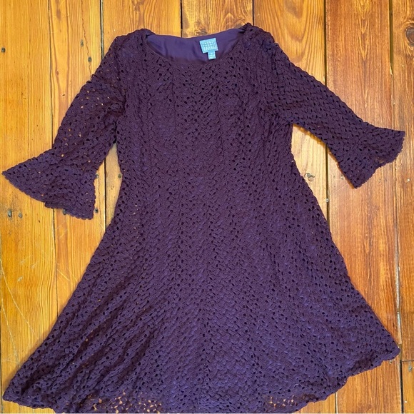 Rabbit Designs Dress Womens Size 16 Eggplant Crochet Pattern A Line 3/4 Sleeve - Picture 1 of 13